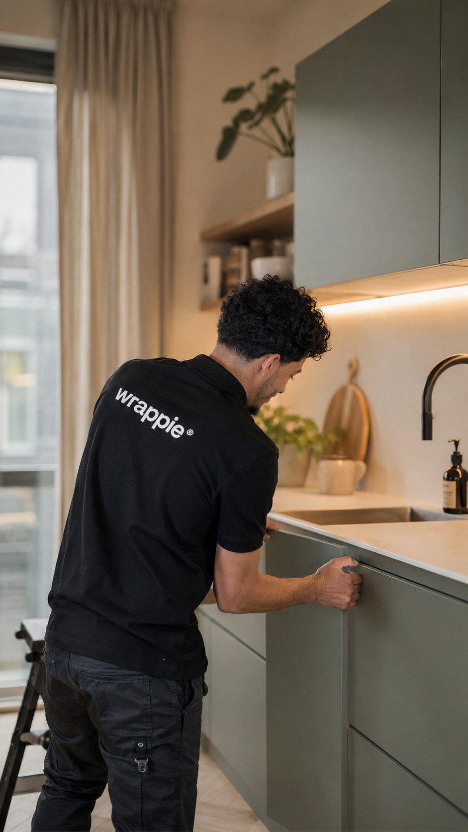 Reda van Wrappie monteert zorgvuldig een keukenfront; zijn handen en het Wrappie-logo zijn zichtbaar
